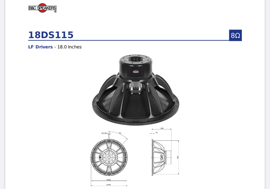 B&C 18DS115-8 18" Neodymium Subwoofer Speaker 3400W 8-Ohm Bass Sub 35-500 Hz