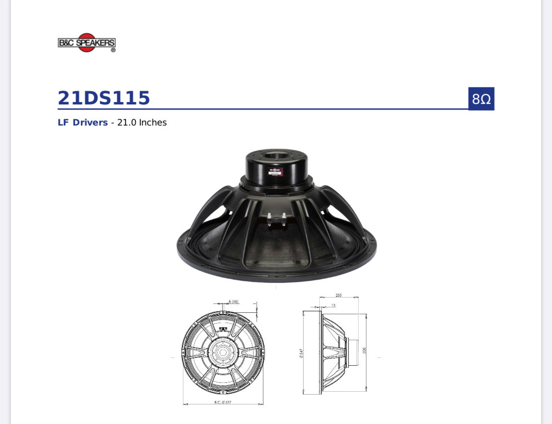 B&C 21DS115-4 21" Professional Neodymium Subwoofer 4 Ohm